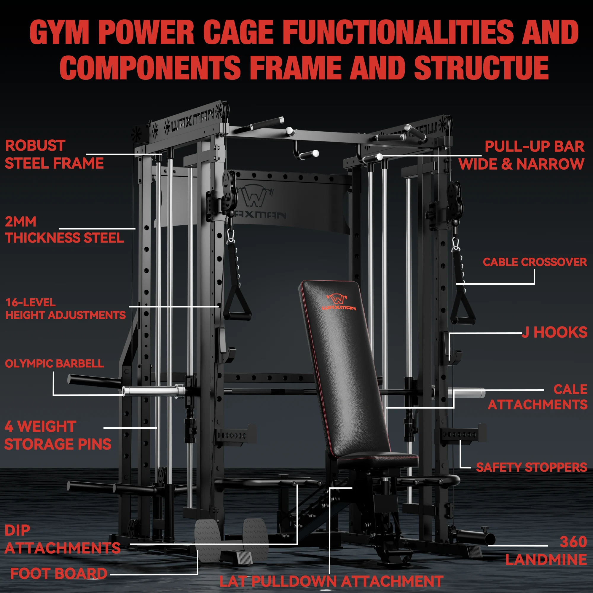 Waxman Smith Machine, 2000LBS Multifunctional Squat Rack with LAT Pull Down System&Cable Crossover Machine for Home Gym, Power Cage with Dip/Leg Raise Attachments, Free Handles, Band Pegs - Image 2