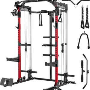 Waxman Power Cage, 2000LB Squat Rack with Dual Pulley Cable Crossover System, Multifunction Free Weight Home Gym Workout Machine with Attachments