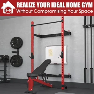 Waxman 2.36" x 2.36" Folding Wall Mounted Squat Rack, 1000 Pounds Capacity Power Rack with Pull Up Bar, J Hooks, Landmine and Other Attachments, Space-Saving Home Gym