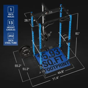 Waxman Power Cage, Power Rack with LAT Pulldown, 1200 Pounds Capacity Workout Cage with More Training Attachments, Garage & Home Gym Package Included 100 Pounds Plate Set and Bench (Blue)