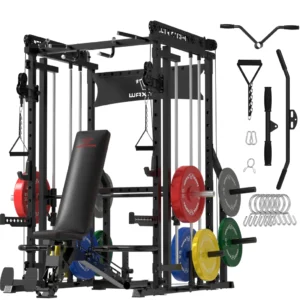 Smith Machine, 2200lbs Squat Rack with LAT-Pull Down System & Cable Crossover Machine, Training Equipment with Leg Hold-Down Attachment with 340lbs Color Plates