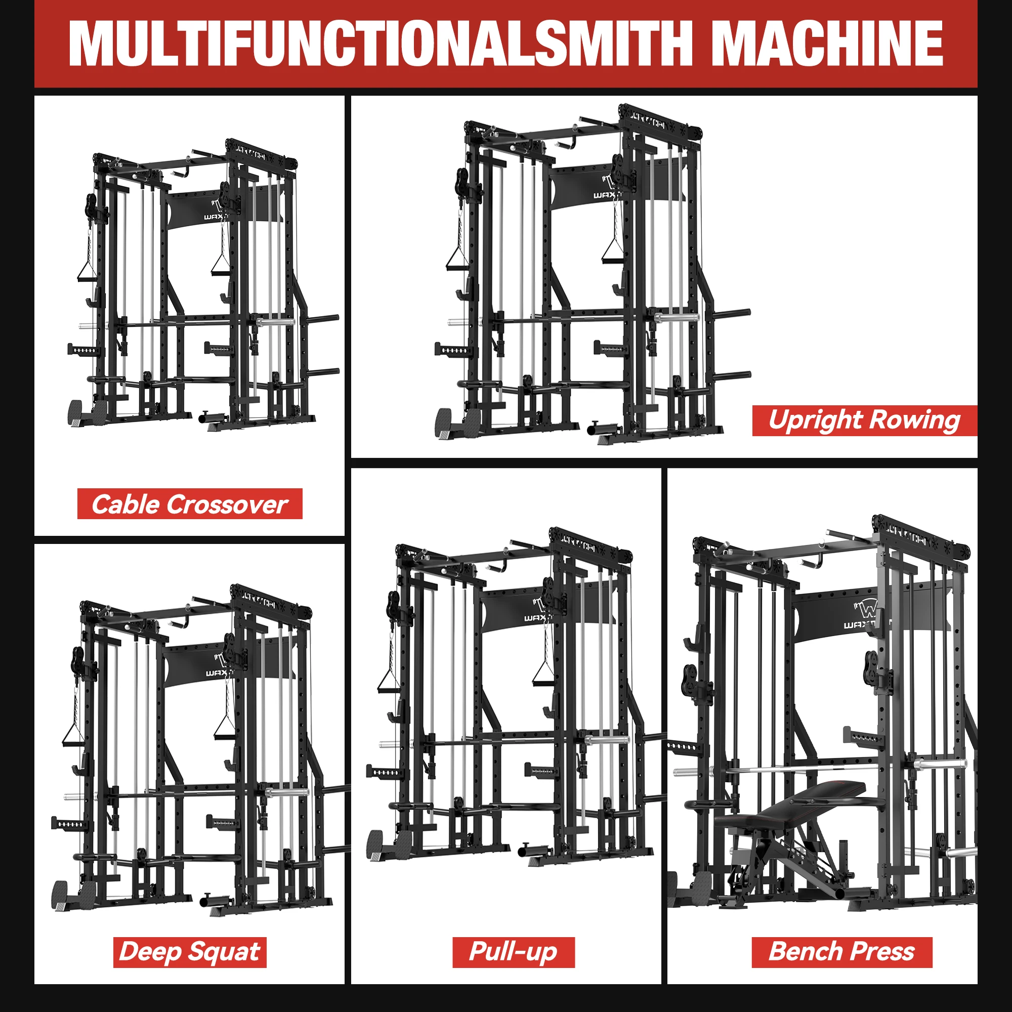 Waxman Smith Machine, 2000LBS Multifunctional Squat Rack with LAT Pull Down System&Cable Crossover Machine for Home Gym, Power Cage with Dip/Leg Raise Attachments, Free Handles, Band Pegs