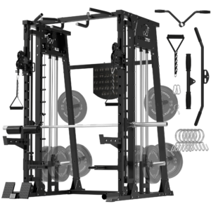 Smith Machine, 2200lbs Squat Rack with LAT-Pull Down System & Cable Crossover Machine, Training Equipment with Leg Hold-Down Attachment, Garage & Home Gym Package without Plate