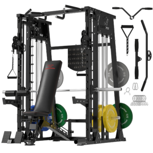 Smith Machine, 2200lbs Squat Rack with LAT-Pull Down System & Cable Crossover Machine, Training Equipment with Leg Hold-Down Attachment, Garage & Home Gym Package with 340lbs Color Plates
