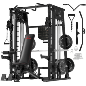 Smith Machine, 2200lbs Squat Rack with LAT-Pull Down System & Cable Crossover Machine, Training Equipment with Leg Hold-Down Attachment, Garage & Home Gym Package with 340lbs BlackPlates
